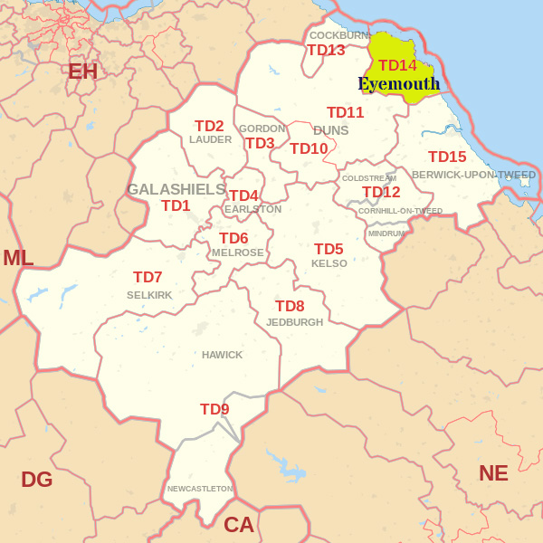 TD14 postcode map, ​​​​​​​​​​​​​​​​​​Alnwick skip hire